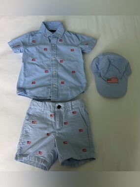 Janie and Jack Boys American Flag 4th of July Chambray Set Shorts Shirt Hat 2T